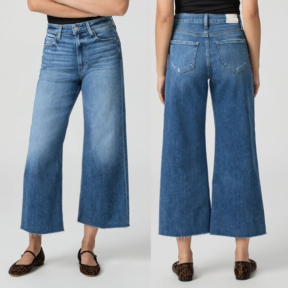 Paige Anessa High Rise Crop Wide Leg Jeans 27 Raw Hem Rock Show Distressed $229 - Picture 1 of 16